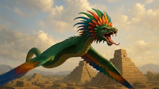 Quetzalcoatl Aztec Feathered Serpent God Soaring Above Ancient Temples Symbolizing Wisdom, Wind, and the Power of Creation