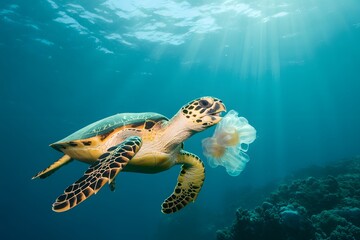 Fototapeta premium Sea turtle swimming underwater eating jellyfish with sun rays shining through water