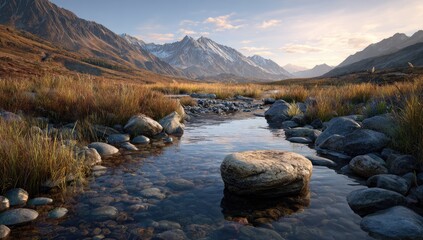 Mountain stream at dawn. Tranquil alpine scenery