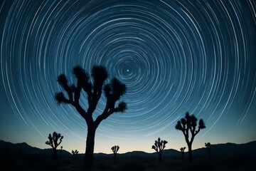 Star trails in night desert sky with Joshua trees silhouetted against a glowing horizon, capturing time, motion, and cosmic beauty in landscape concept. Ai generative