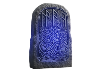 Ancient Viking Runestone with Intricate Knotwork and Carvings in Low Light