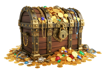 Ancient Treasure Chest Overflowing with Gold Coins Jewelry and Precious Gems
