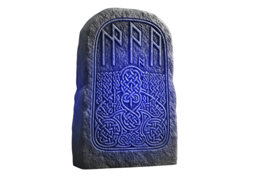 Ancient Viking Runestone with Intricate Knotwork and Carvings in Low Light