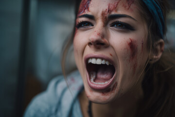 Young woman in zombie makeup screaming playfully, 