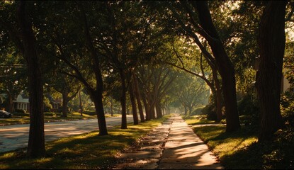 Fototapeta premium Sun-drenched suburban street lined with trees