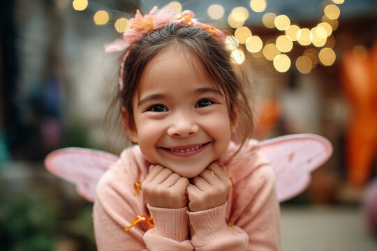 Girl in fairy wings excitedly holding Halloween candy,  - Powered by Adobe