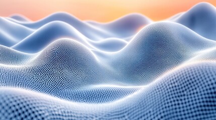 Abstract digital landscape, light blue, dotted surface, soft, wavy, hills, sunrise