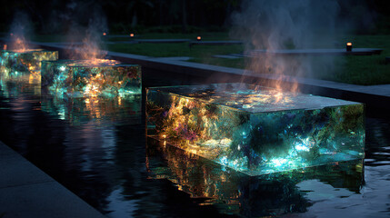 Illuminated ice blocks float in a serene pool, surrounded by lush greenery and soft reflections, creating an ethereal atmosphere with wisps of steam rising from their surfaces