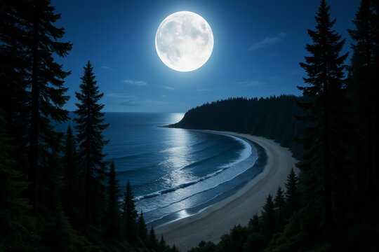 Full moon illuminating a serene coastal beach with pine forest silhouettes under a peaceful night sky in a calm and tranquil nature concept. Ai generative