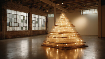 A stunning minimalist installation of a lighted Christmas tree made from layered wooden slats in a spacious industrial gallery with large windows