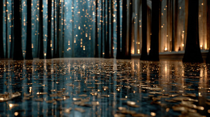 Obraz premium A serene forest scene illuminated by shimmering lights reflecting off a calm, dark surface, with tall trees creating a mystical atmosphere