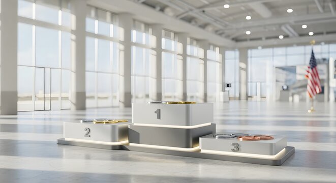Podium of Progress: A modern, minimalist podium awaits in a large, open indoor space, a flag of a certain nation waving proudly in the backdrop, inviting the celebration of winning and accomplishment