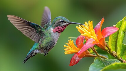 Purple-Bellied Hummingbird Feeding on Heliconia Bihai Flowers in Galapagos with Natural Light Low-Angle View
