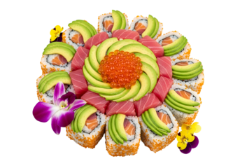 Artistic sushi platter featuring avocado, salmon, fish roe, and edible flowers arranged in a
