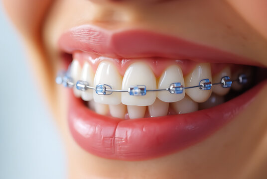 A close-up image shows modern orthodontic treatment using self-ligating braces on a patient's teeth. 