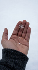 Obraz premium A hand holds a delicate snowflake against a soft white backdrop, showcasing the intricate patterns of winter, evoking tranquility and beauty