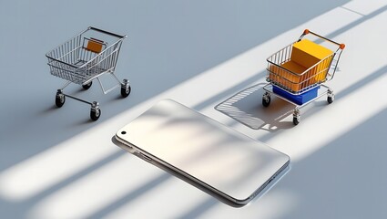 Online shopping concept with smartphone and shopping cart, digital e-commerce and mobile marketplace illustration for business and technology