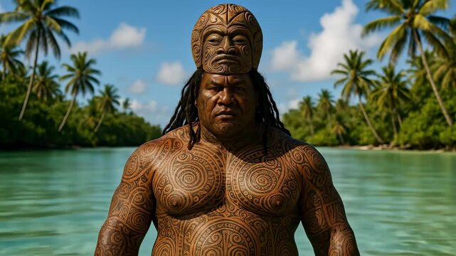 Tangaroa Polynesian God of the Sea with Carved Tattoos Across His Body Symbolizing Ocean Power, Creation, and Maritime Mastery