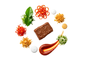 Assorted traditional ingredients arranged in a circular pattern on a black background