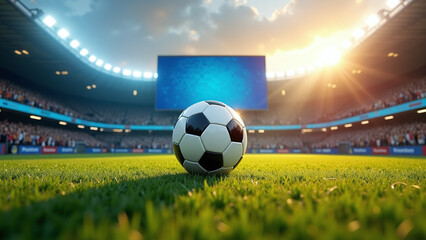 Fototapeta premium Soccer ball on sunlit field with packed stadium backdrop. 