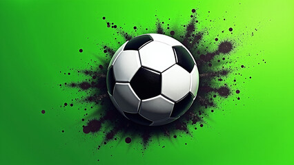 Soccer ball with black paint splatter on green background.
