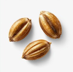Three light brown, oval-shaped seeds, top view, on white background