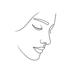 Minimalist continuous line drawing a woman's face in profile looking down Single line