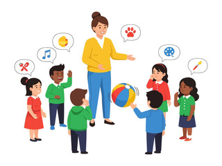 Nurturing Minds in Preschool: A caring teacher engaging with a diverse group of young children in a dynamic and educational activity, surrounded by symbols of early learning and play.