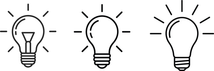 Set of three creative light bulb vector illustrations with radiant lines, symbolizing ideas and innovation, ideal for design, education, and branding projects