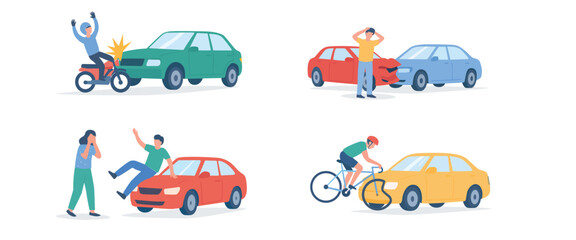 Car and Motorcycle Accident Illustration Set – Traffic Collision and Road Safety Concept