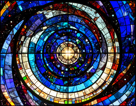 Inspiring spiritual abstract stained glass window in church. blue circular art has spiral light pattern creating celestial feeling