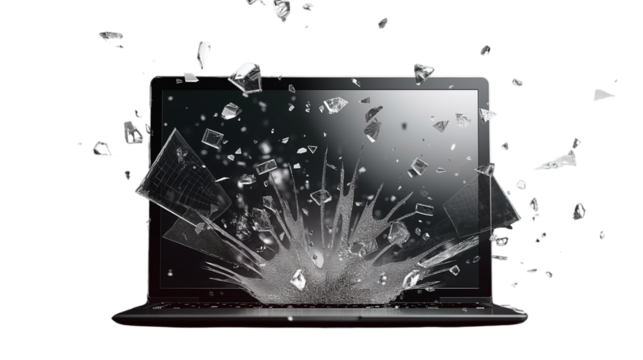 Laptop Screen Explosion. Shattered Glass Bursting Effect. Technology Crash Concept. Isolated on transparent background, png