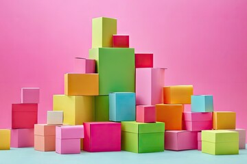 Obraz premium A vibrant pyramid of colorful, variously sized cardboard boxes against a pink backdrop. Some boxes are slightly ajar