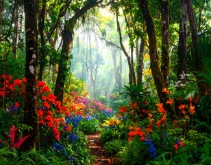 Fototapeta premium Magical forest path with vibrant colorful flower and lush green tree. Serene light shines through mystical jungle landscape background