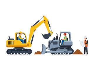 Construction Crew at Work: Witness the precision and coordination of a construction crew diligently working together, featuring excavators, a bulldozer, and a blueprint-wielding supervisor.