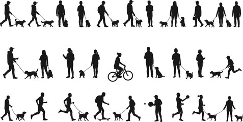Silhouettes of people walking, running, cycling, playing with dogs, active lifestyle, pet owners, outdoor exercise, healthy living, dog walking, family activities, recreation, vector.