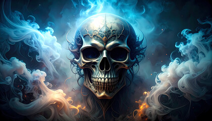Ornate skull in mystical smoke