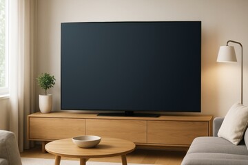 Modern living room interior with blank TV screen mockup on wooden cabinet for design presentation and branding in cozy minimalist setting. Ai generative