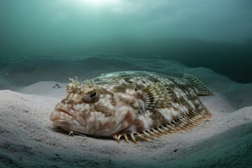 A camouflaged fish rests on the sandy ocean floor underwater