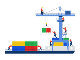 Global Trade in Motion: A vibrant illustration captures the dynamic activity of cargo handling on a ship, showcasing the intricate interplay of machinery and human effort in the process.