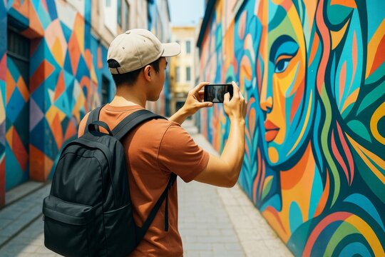 Young man photographing vivid abstract street art mural on alley wall with smartphone in bright daylight wearing backpack and cap outdoors. Ai generative