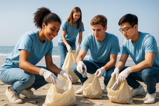 Group of young volunteers cleaning up plastic waste on a beach in daylight, teamwork concept on environmental care and sustainability background. Ai generative