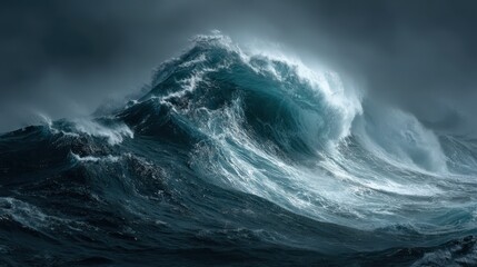 Fototapeta premium Large crashing wave in open sea. Background shows stormy weather; for coastal threat