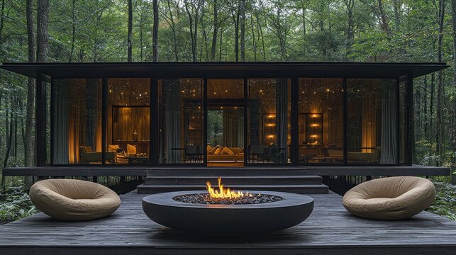 Modern cabin in a forest at night