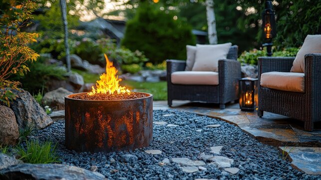 Outdoor fire pit, patio seating, and landscaping