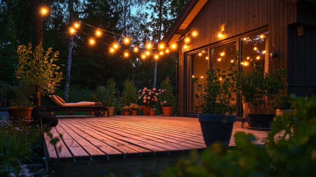 Evening patio with string lights, wooden deck, and house.  Cozy outdoor living space