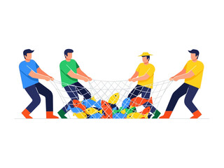 Fishing Team Pulling Net: A vibrant illustration depicts a team of four fishermen diligently pulling a net brimming with colorful fish. It captures the essence of teamwork and the bounty of the sea.
