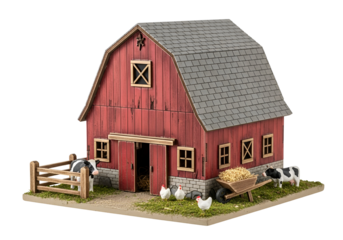 Charming Red farm barn with animals and surrounding scenery for rural countryside setting