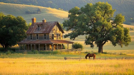 Rustic abandoned farmhouse in golden field