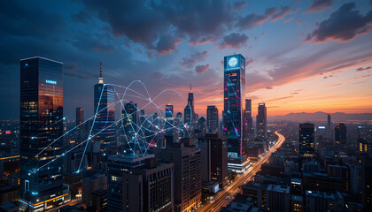Obraz premium Cityscape Network Connecting Buildings and Skyline at Sunset with Futuristic Digital Lines